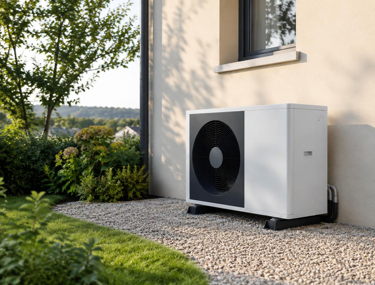 Pompe à chaleur air-eau installée contre la façade d'une maison