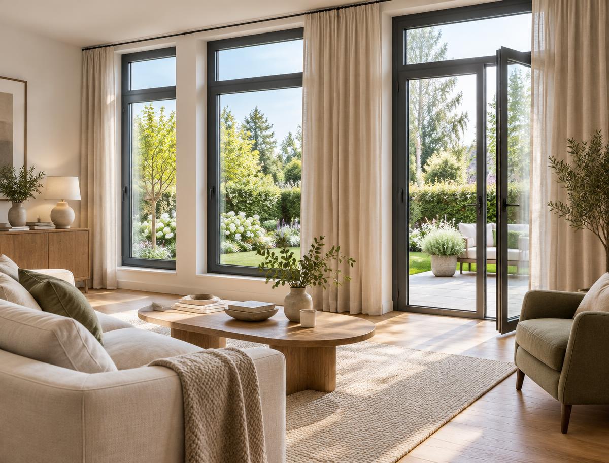 Salon lumineux avec de grandes fenêtres et une porte-fenêtre gris anthracite