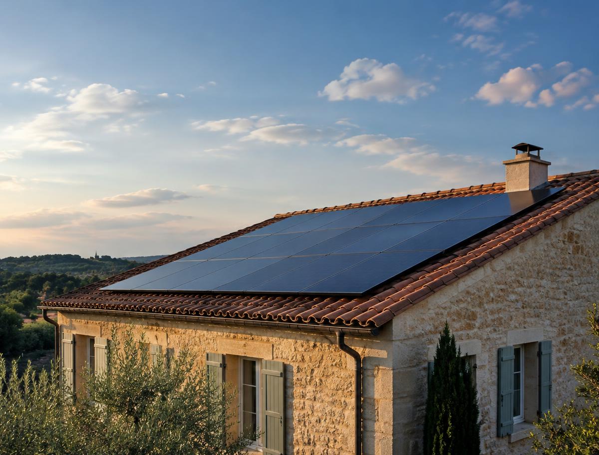 Panneaux solaires noirs sur la toiture en tuiles d'une maison en pierre